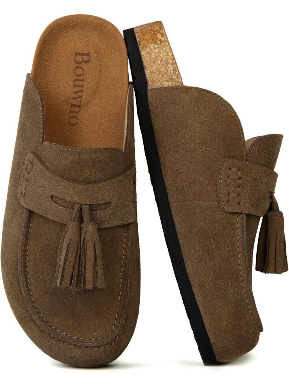 🆕Women's Taupe Suede Clogs Leather Mules with Tassel Fringe Comfort Cork